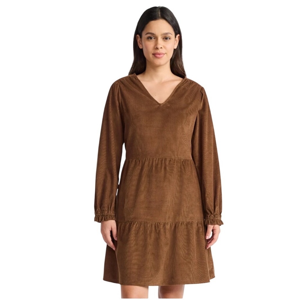 Time and Tru Brown Corduroy Tiered Mini Dress XXL 20 Boho Cottagecore Fall